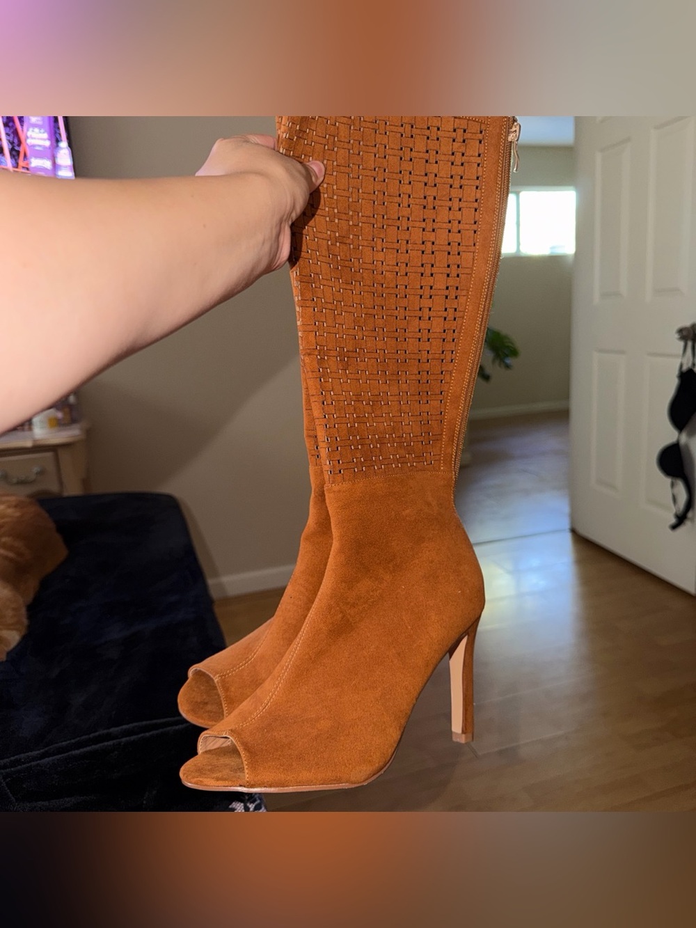 VENUS Cognac Suede Open-Toe Knee-High Heeled Boots